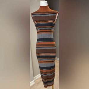 House of Harlow 1960 Striped Brown & Gray Mock Neck Knit Body Con Long Dress